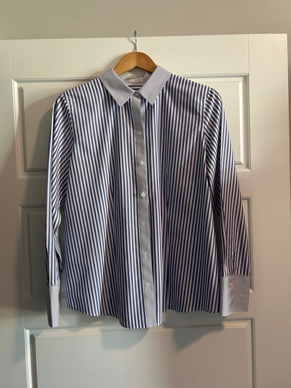 Chico's Navy and White Striped Button-Down Shirt